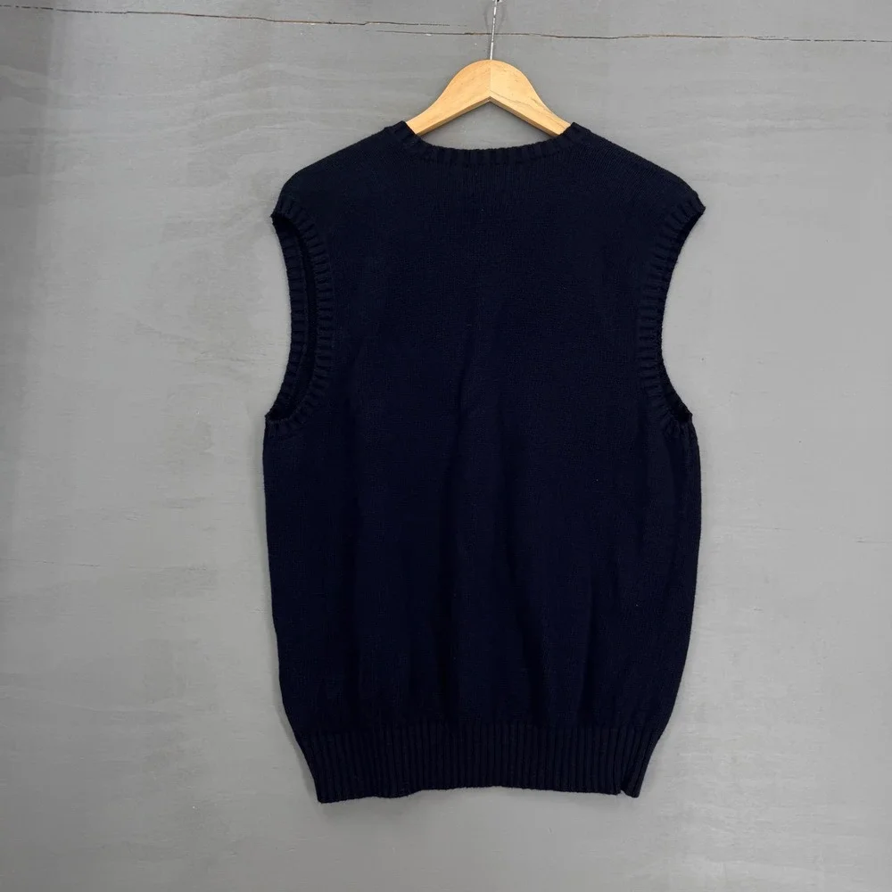Polo Ralph Lauren Chunky‎ Sweater Vest Navy Blue Cotton V-Neck Red Pony Large